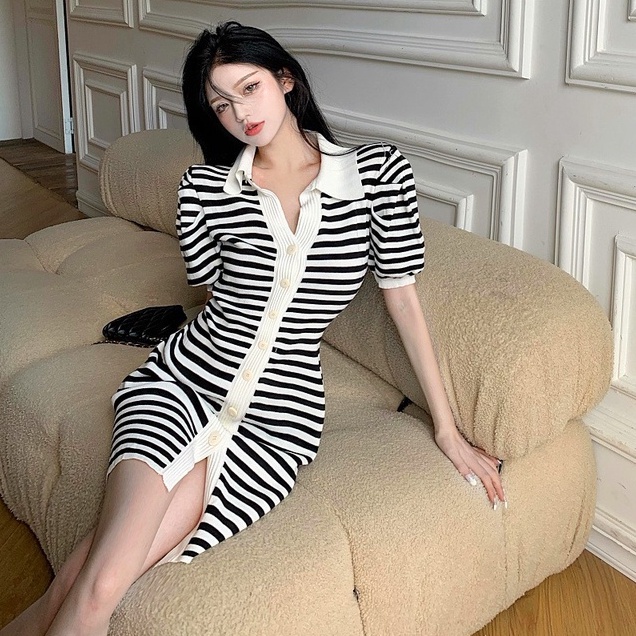 Đầm ZHELIHANGFEI dệt kim cổ polo họa tiết kẻ sọc thời trang trẻ trung dành cho nữ