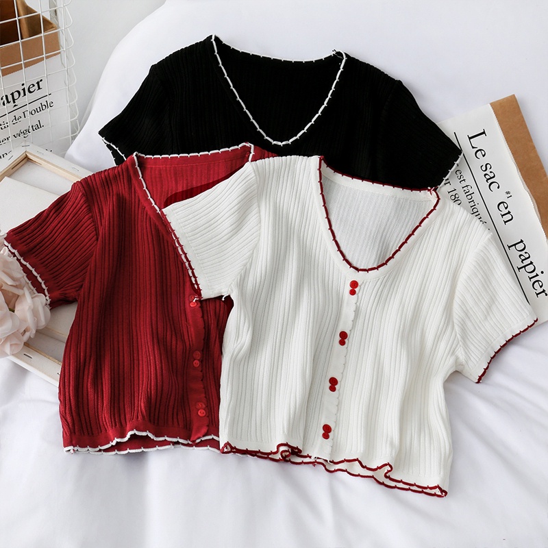 Áo Thun Dệt Kim Tay Lửng Cổ Chữ v Thời Trang Hàn Quốc Cho Nữ