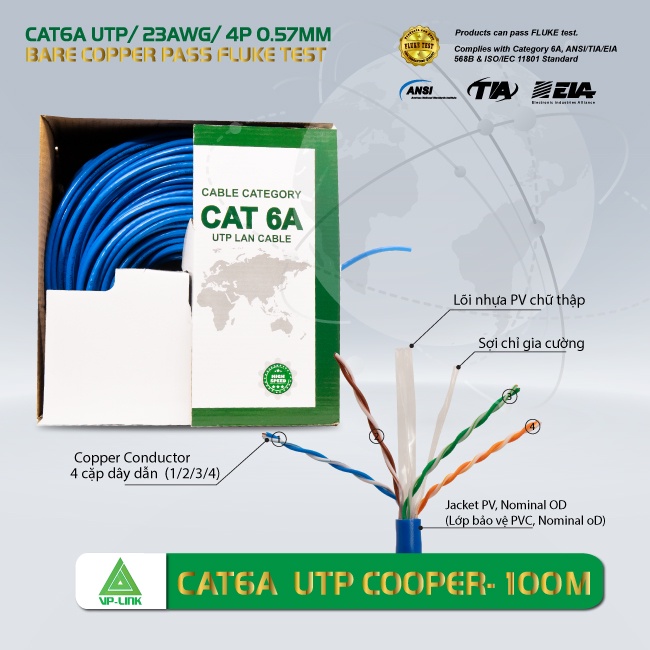 Thùng cáp mạng VP-Link Cat 6A UTP  Lõi Chữ Thập/Dây Cáp Xanh/Tốc độ đường truyền 10Gbps/90m - Hàng Chính Hãng