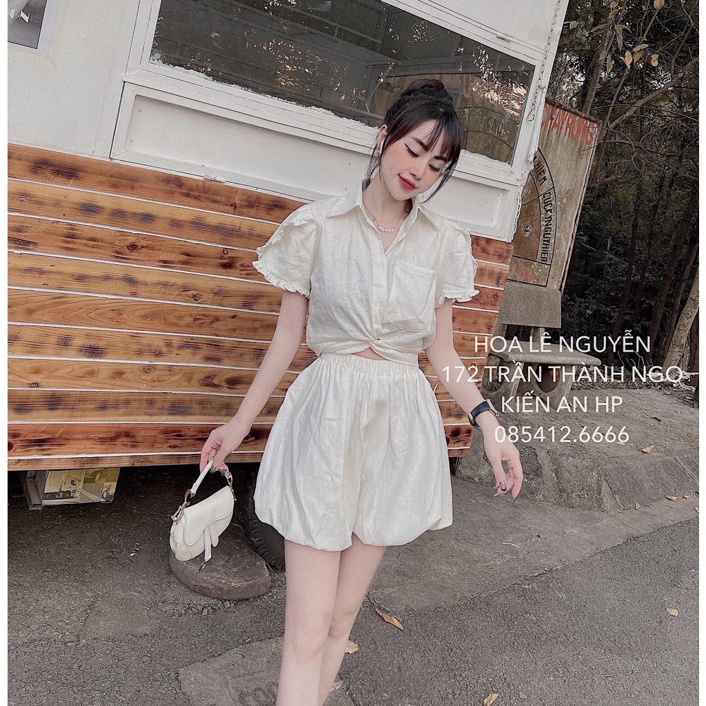 Set bộ đũi croptop tay bồng soắn bụng quần đùi bồng HO423