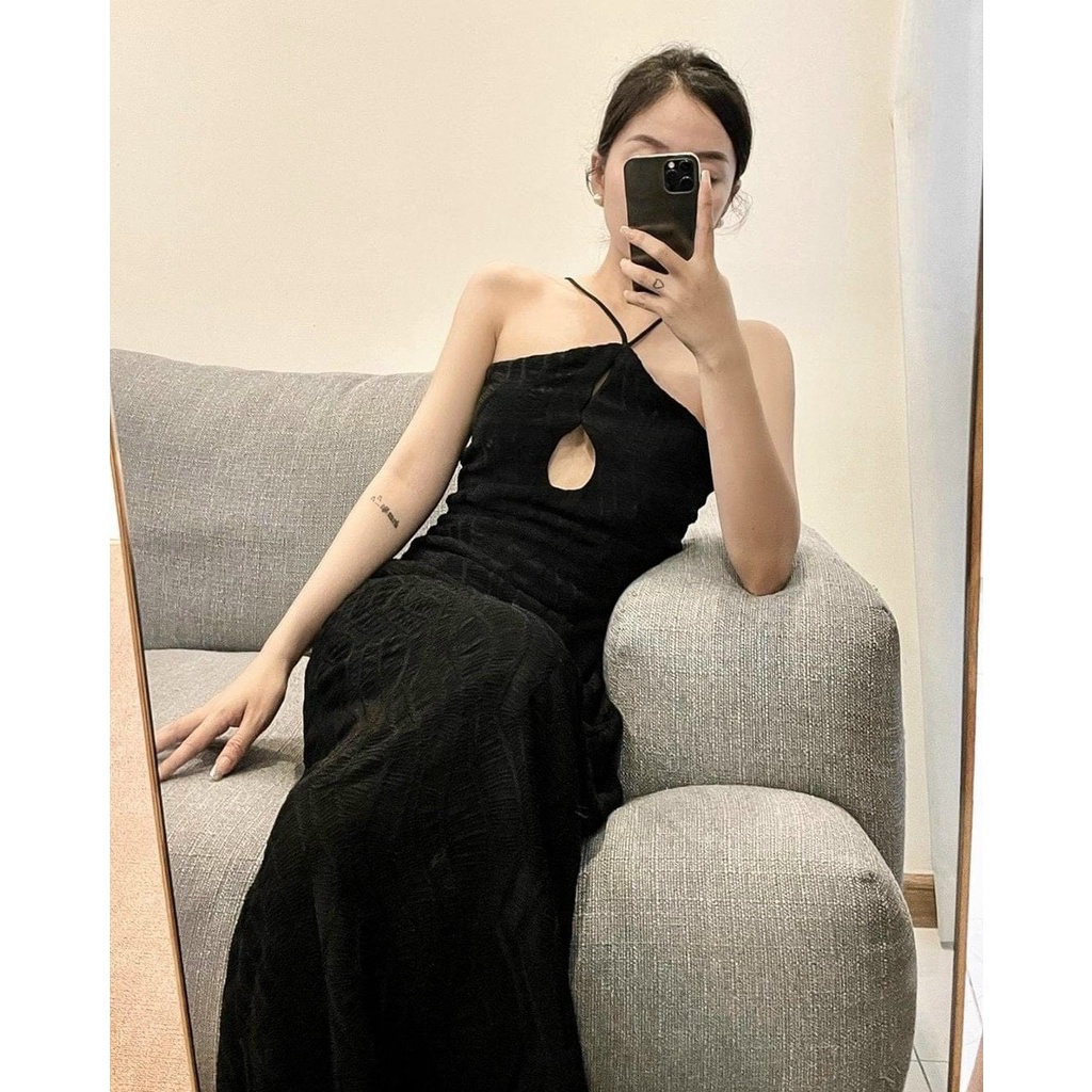 ĐẦM MIDI CỔ YẾM ĐEN KHOÉT NGỰC GIỌT NƯỚC