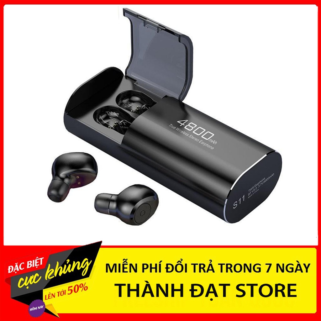 Tai nghe Bluetooth Đen 5.0 S11 TWS Kiêm Sạc Dự Phòng 4800mAh - Chống nước IPX7 - Nghe nhạc lên đến 90h