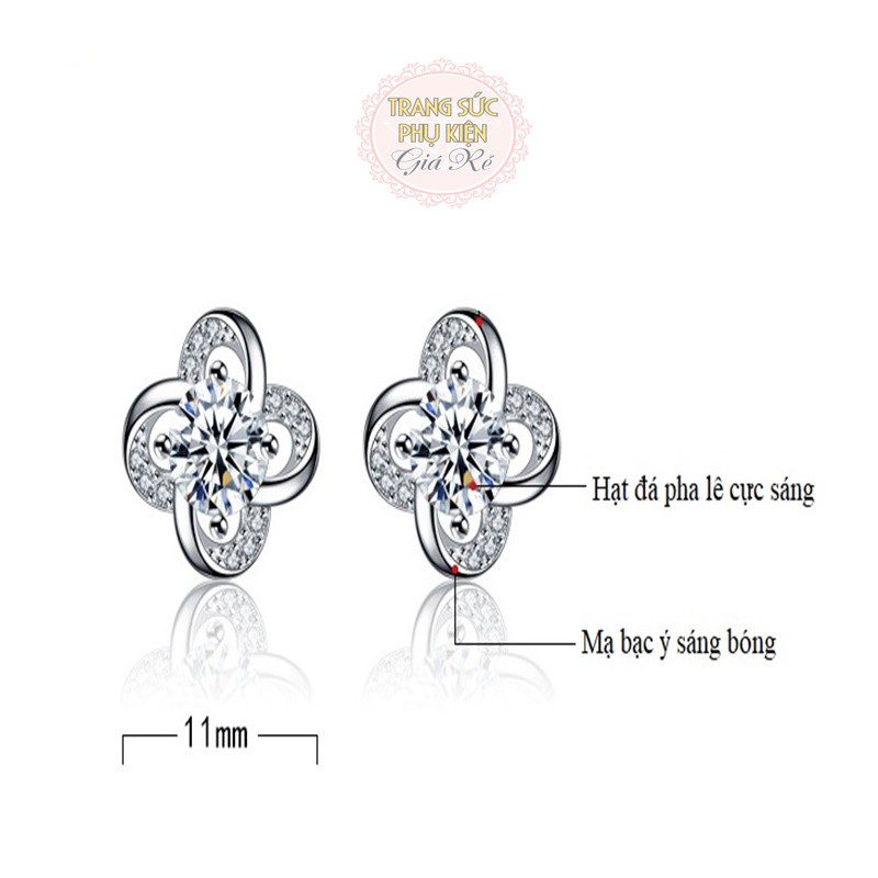 Hoa tai mẫu mới HT157, hoa 4 cánh hạt đá trắng, tím sang trọng bạc ÝS925