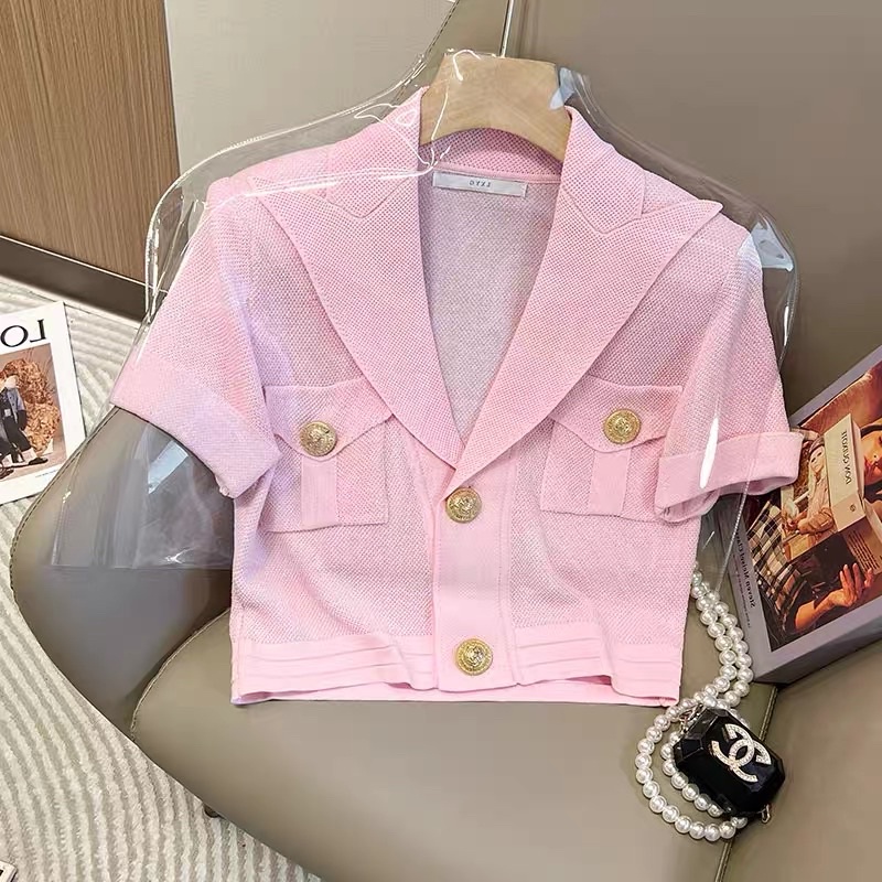 Áo len dệt kim kiểu cổ vest dáng croptop