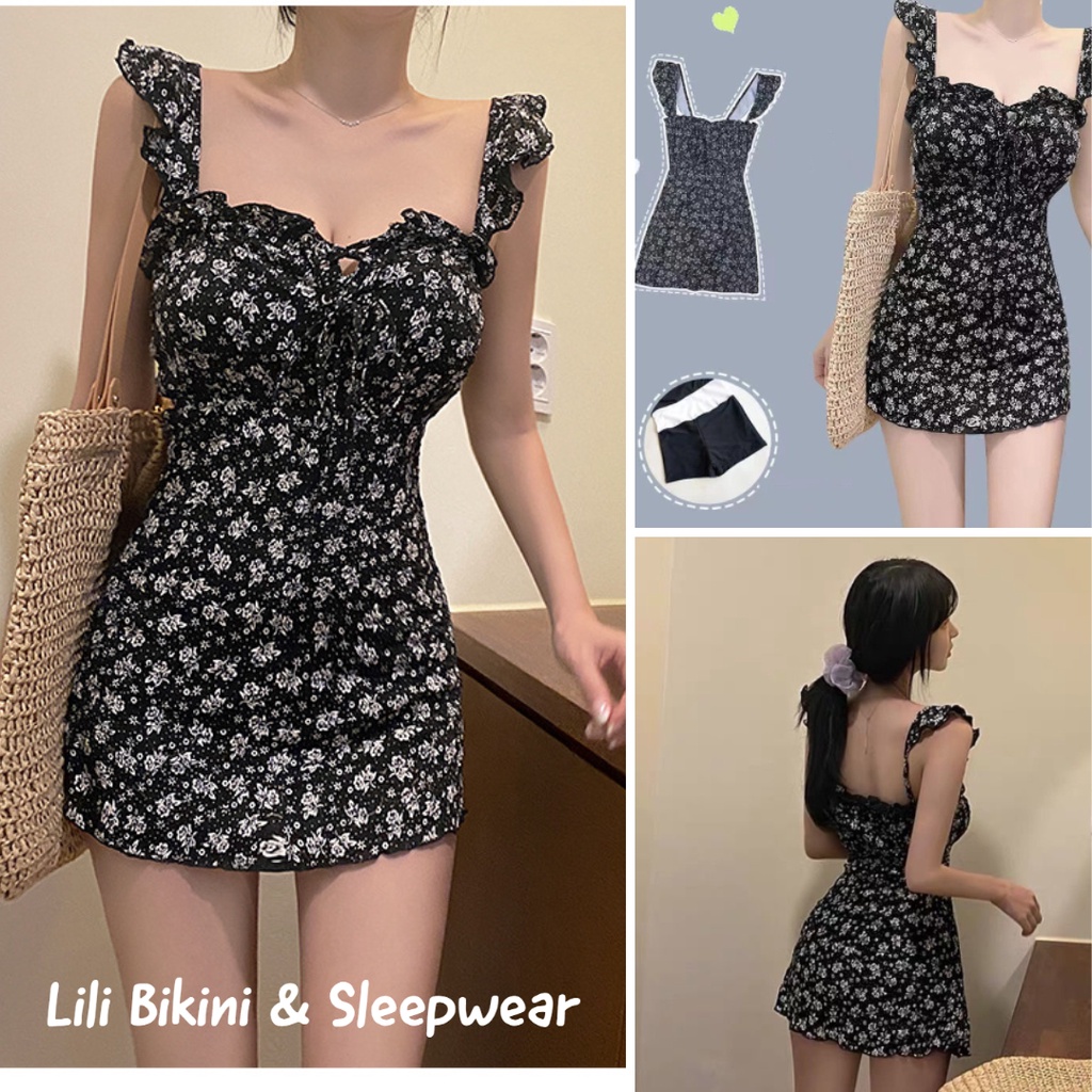 Fom nhỏ xem size Bikini Bộ Đồ Bơi Nữ Liền Thân Váy Hoa Nhí UZZLANG Hàn Quốc Kín Đáo, có quần trong