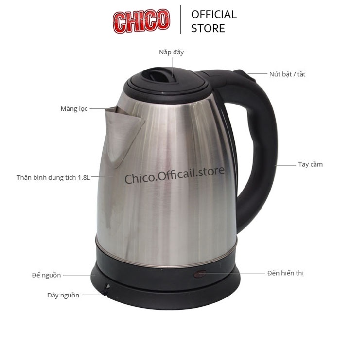 Ấm siêu tốc đun nước 1.8L, Ấm đun siêu tốc Electric Kettle inox hàng chất lượng cao