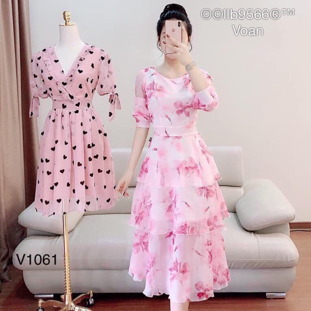 Đầm xoè tầng tay lỡ in hoa 3d dễ thương