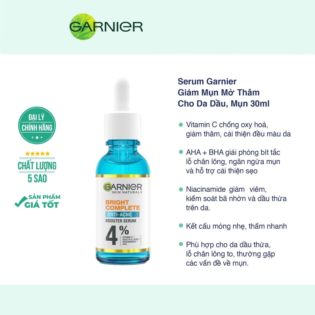 Dưỡng chất cho da dầu mụn Garnier Bright Complete Anti-Acnes Booster Serum 4%  30ml