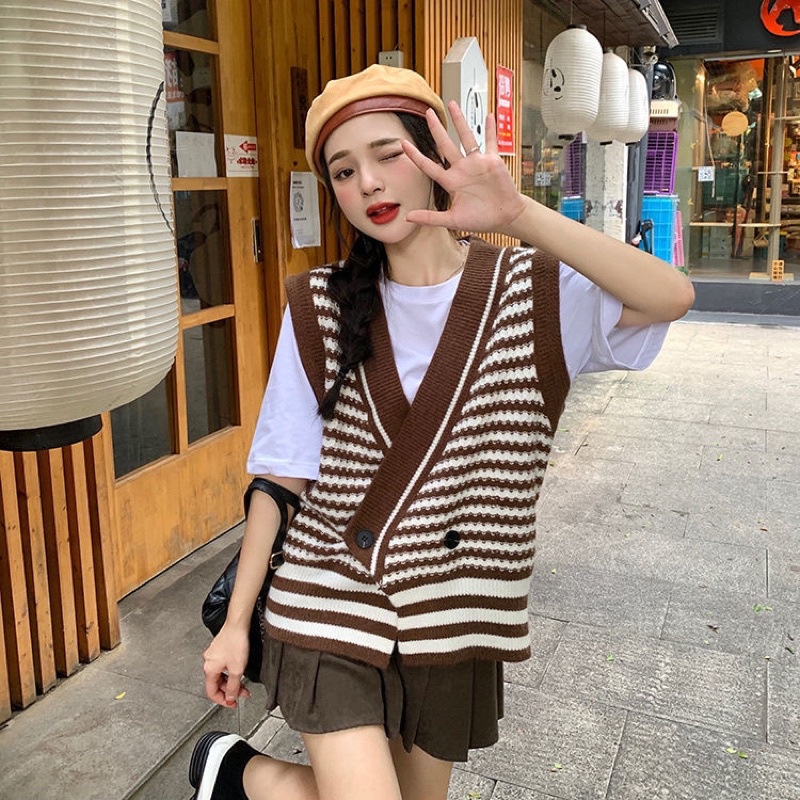 FREESHIP ÁO GILE KẺ SỌC CÀI CÚC VINTAGE NÂU XANH ĐEN