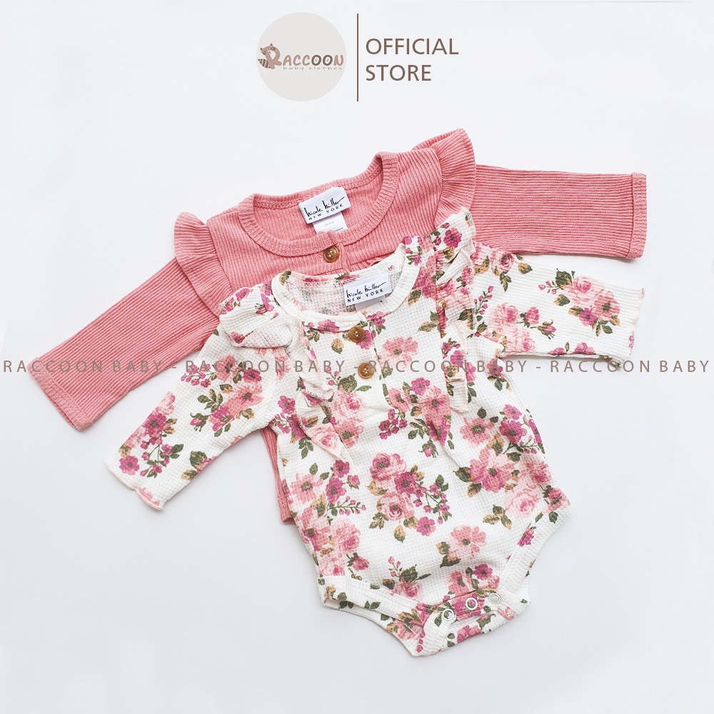 Bộ đồ liền thân tay dài hoa chất gân tổ ong bodysuit body chip bé gái xuất Pháp Hicole Hiller