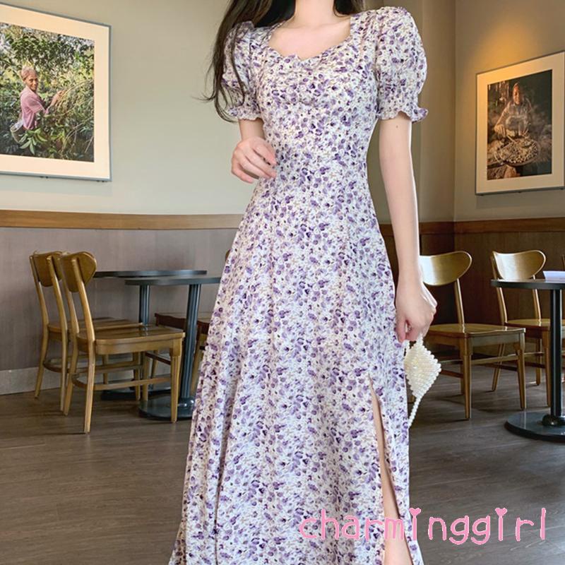 Đầm tay phồng cổ chữ V in họa tiết hoa thời trang sang trọng cho nữ