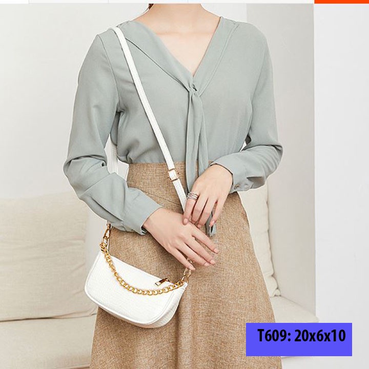 Túi xách đeo vai kẹp nách nữ da sần dây xích vàng có dây đeo chéo cá tính T609