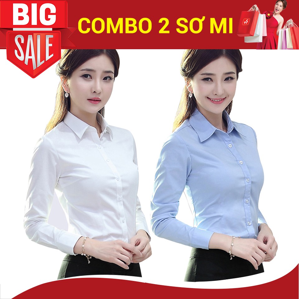 Combo 2 áo sơ mi Nữ công sở tay dài TRẮNG+XANH NHẠT trẻ trung
