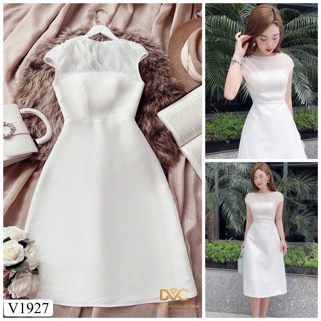 Váy trắng xòe vai đính ngọc V1927 - QUEEN SHOP DOLCE VIVA COLLECTION(ảnh người mẫu+ảnh trải sàn do shop chụp tự chụp))