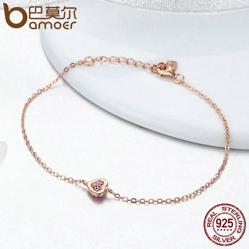 Vòng tay Bamoer mặt dây hình trái tim màu vàng hồng thời trang xinh xắn