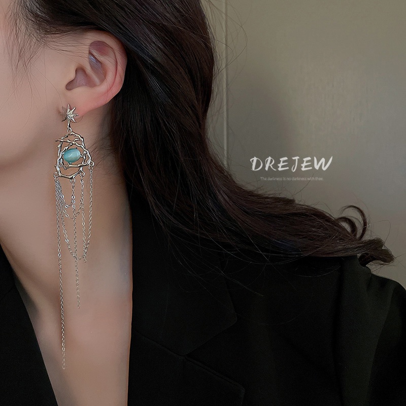 Bông Tai Bạc Dáng Dài Đính Đá Opal Phong Cách Âu Mỹ Cho Nữ