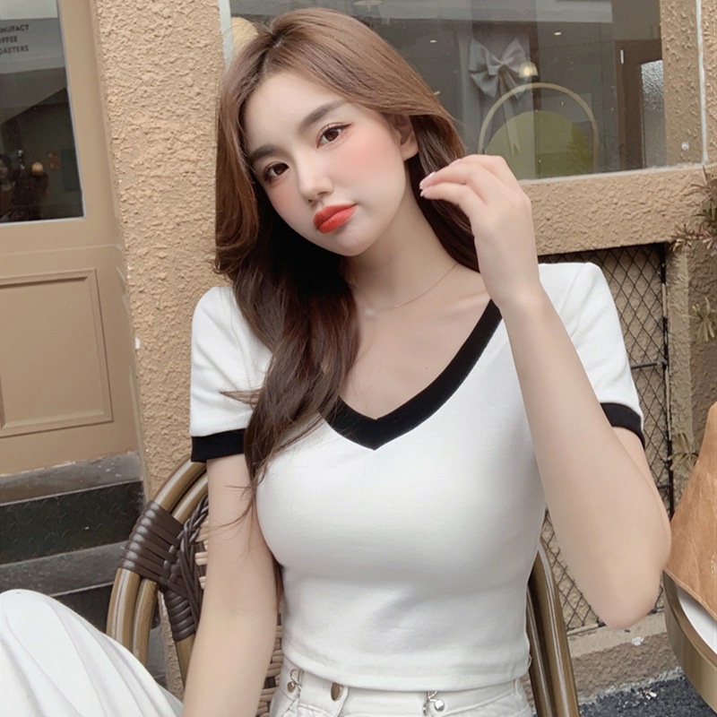 Áo Thun Tay Ngắn Cổ Chữ V Dáng Ôm Thoáng Khí Thoải Mái Cho Nữ