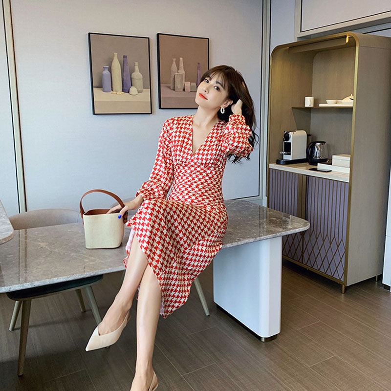 IELGY Đầm Dài Dáng Chữ A Cổ Chữ V Họa Tiết Sọc Caro Phong Cách Cổ Điển Thời Trang Cho Nữ