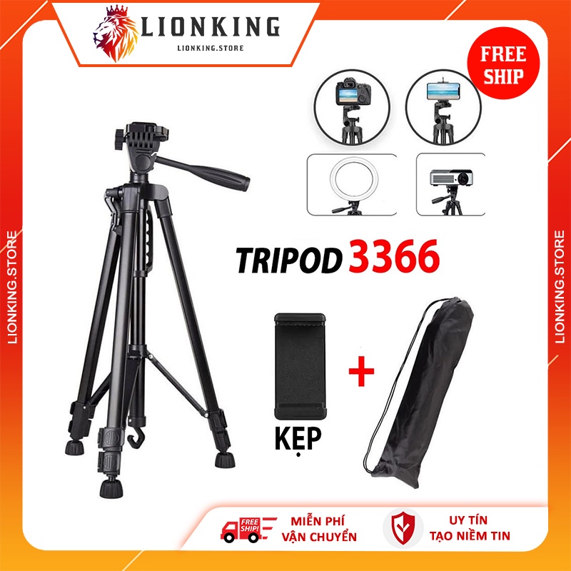 Chân Giá Đỡ Điện Thoại Máy Ảnh 3 Chân Tripod 3366 Cao 1m5 Có Tay Cầm Quay Phim, Chụp Ảnh, Livestream, Tiktok