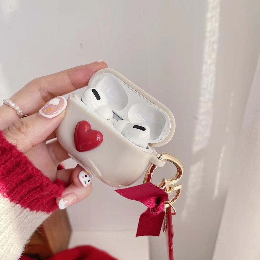 Vỏ bảo vệ hộp sạc tai nghe Airpods 1 2 3 pro bằng TPU mềm họa tiết trái tim phối mặt phụ kiện màu đỏ
