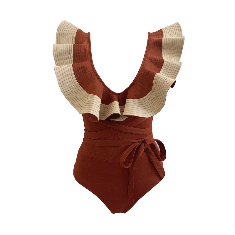 Đồ bơi nữ Bikini một mảnh SW1M038 mới sexy , cổ chữ V kiểu bèo lá sen nhấp nháy, eo cao che bụng màu đỏ rượu vang tôn da | BigBuy360 - bigbuy360.vn