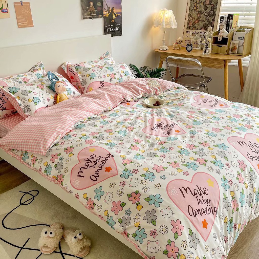 Bộ chăn ga gối Cotton Poly 4 món - Hoa chữ ( Không kèm ruột )