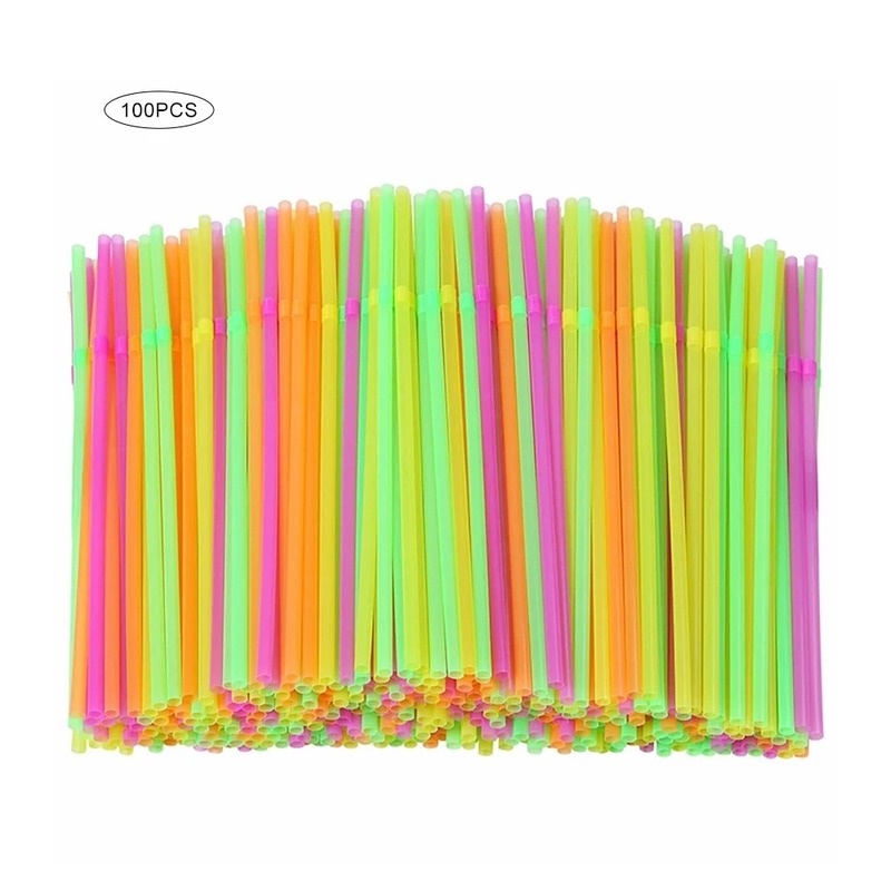 100 Pcs/Pack Fluorescent Plastic Bendable Straws/ 21CM Disposable Flexible Drinking Straws/ DIY Drink Straw Party Bar Accessories