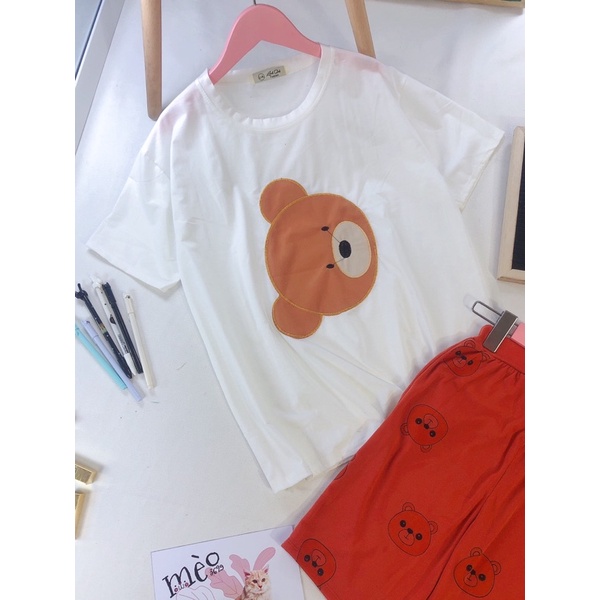 Bộ thun cotton gấu thêu nổi, form to đẹp may kĩ giá tại xưởng không qua trung gian.