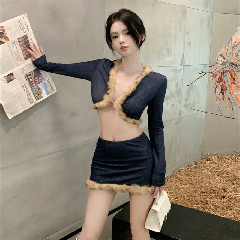 Set Áo Khoác Denim Tay Dài Cổ Chữ V + Chân Váy Mini Phong Cách Quyến Rũ