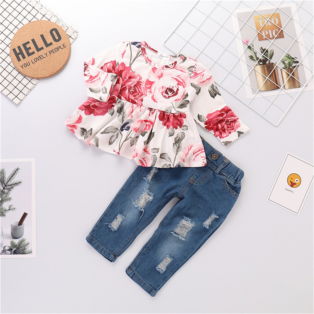 Set đồ Mikrdoo áo tay ngắn/dài in hoa với quần chất denim đáng yêu cho bé gái (tự chọn)