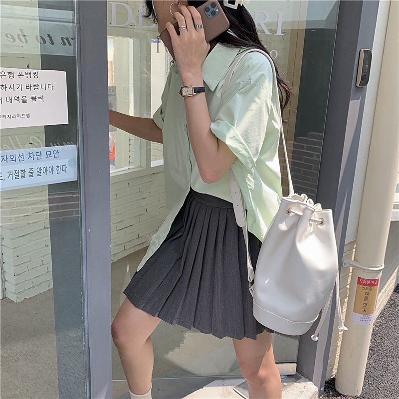 SUXI Áo Sơ Mi Tay Ngắn Dáng Rộng Màu Trơn Phong Cách Retro Hàn Quốc Cho Nữ