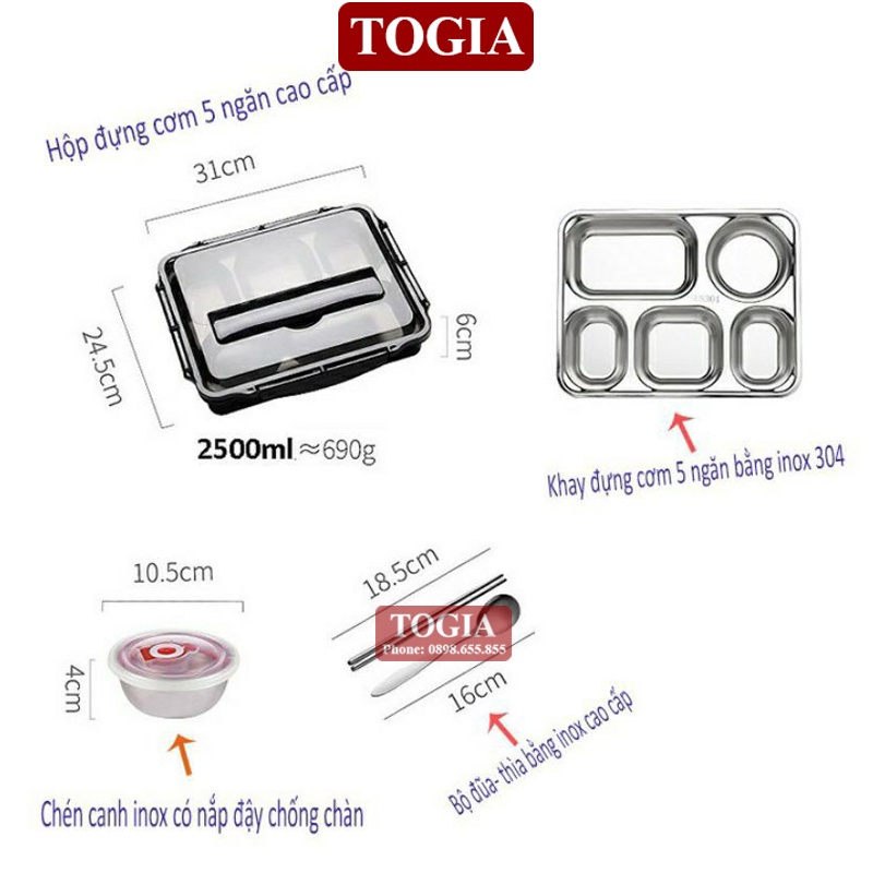 Hộp Cơm Giữ Nhiệt - Khay Đựng Cơm Văn Phòng Chia Ngăn Kèm Bát Ăn Inox Và Thìa Đũa Cao Cấp TOGIA