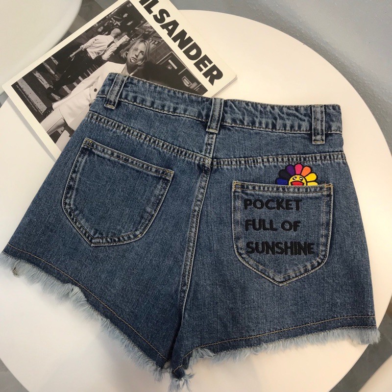 Quần shorts jeans nữ cạp cao ống tua rua thương hiệu Balenciaga GG Dior