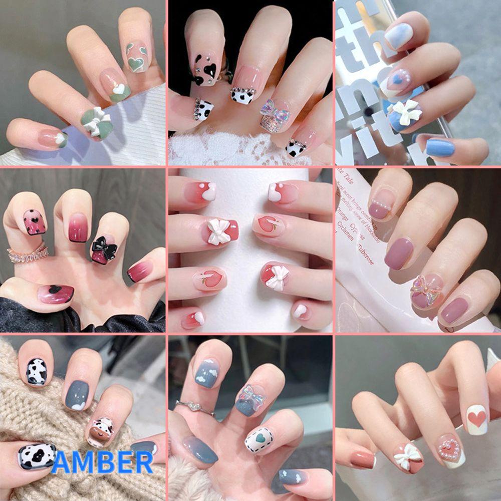 Hộp 24 Móng Tay Giả Ngắn Màu Hổ Phách Có Thể Tháo Rời|Nơ Đầy Đủ Bìa Nhân Tạo
