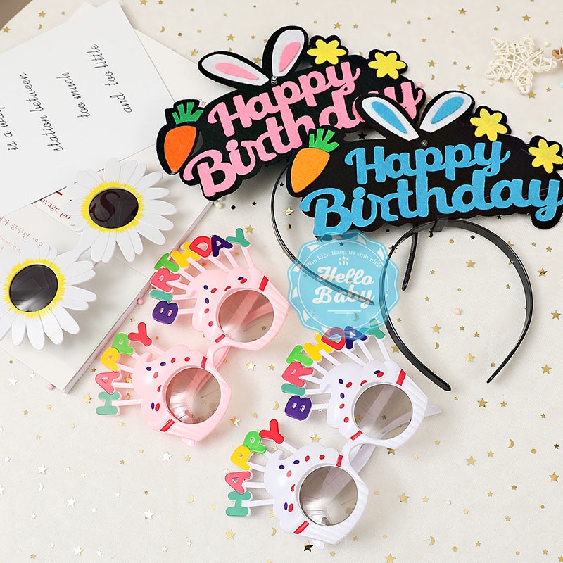 Bờm vương miện Happy Birthday, bờm tai thỏ có đèn nhấp nháy phụ kiện sinh nhật