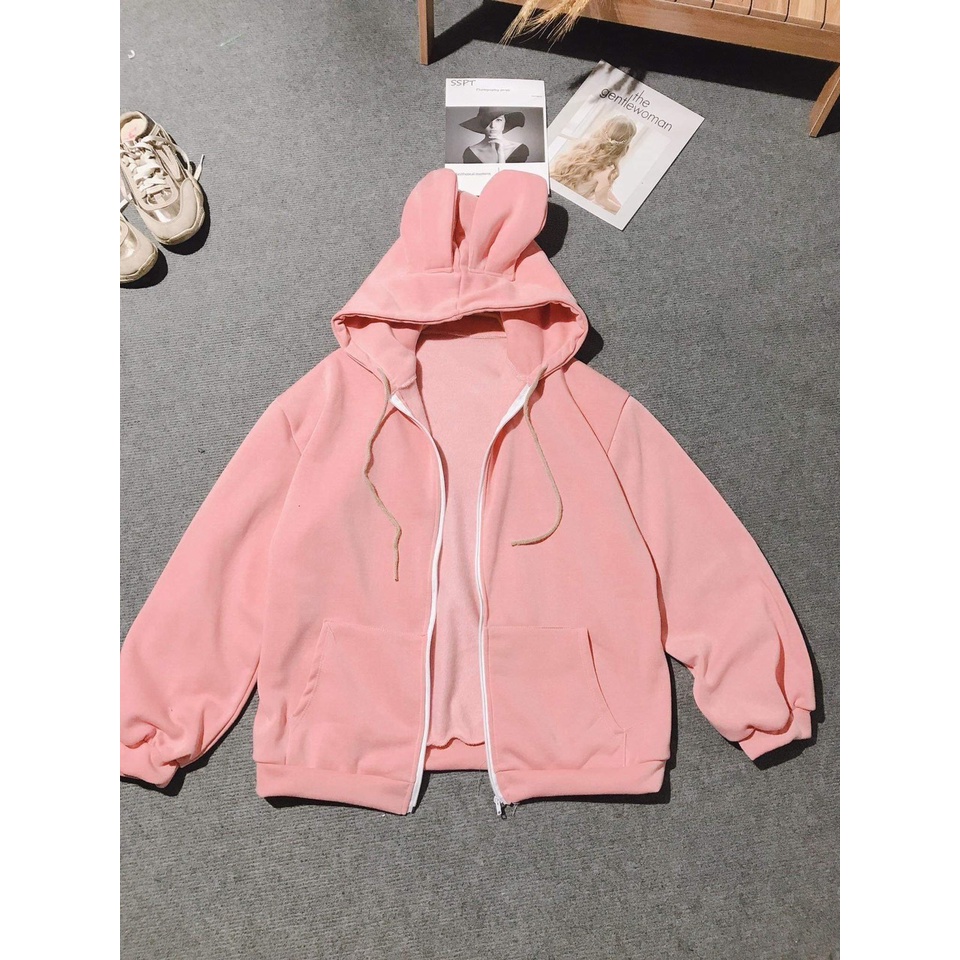 [ SẴN HÀNG ] Áo Khoác Nữ Tai Thỏ GẤU- Chất Vải Nỉ Cotton From Rộng Unisex Nón 2 Lớp