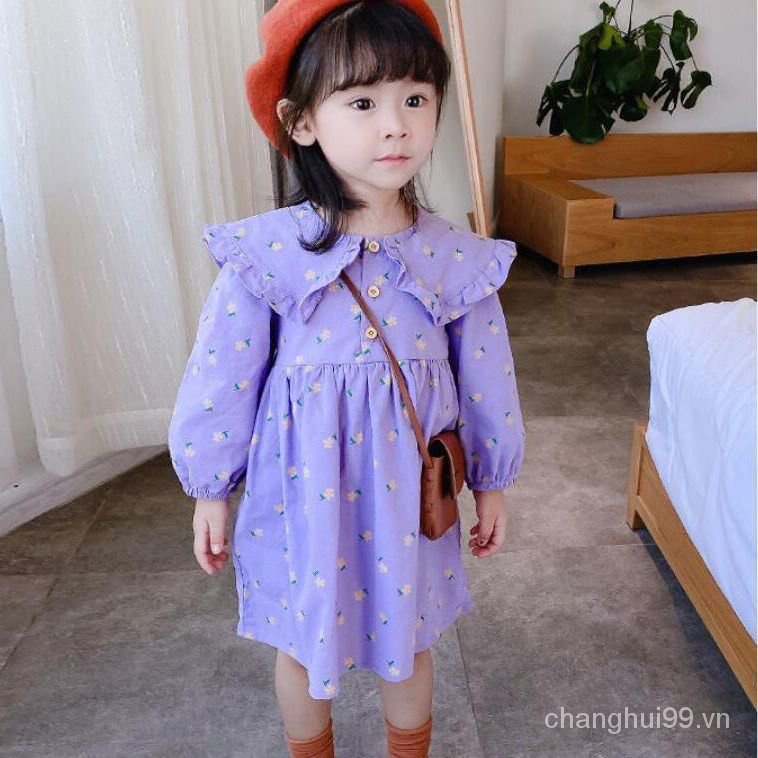 🍋Váy Liền Lolita Bé Gái2021Váy Công Chúa Dài Tay Cổ Bẻ Phối Hoa Nhỏ Màu Vàng Mẫu Mới Xuân Thu Áo dài tay nhỏ màu vàng có bèo nhún cổ yếm Váy công chúa phong cách Hàn Quốc