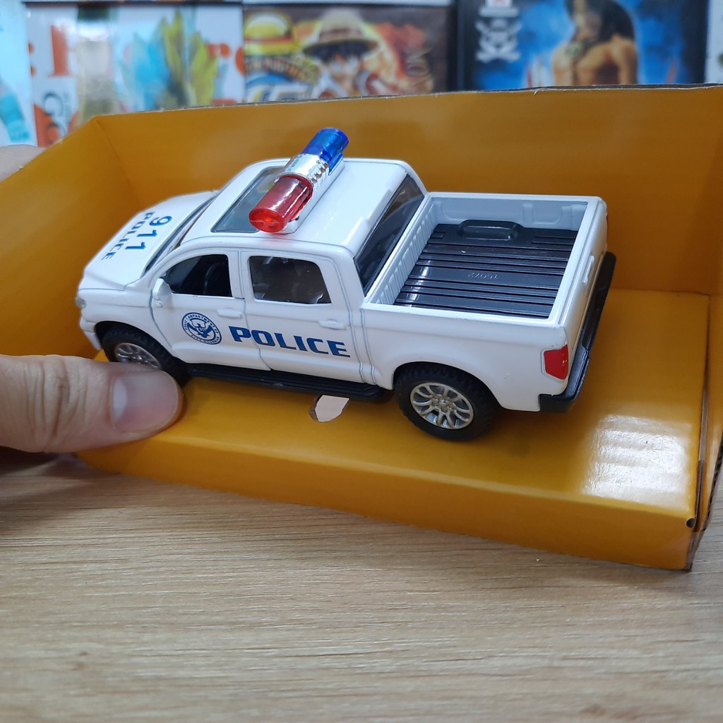 Xe ô tô cảnh sát mini bán tải bằng sắt xe chạy cót có âm thanh và đèn mở được cửa xe