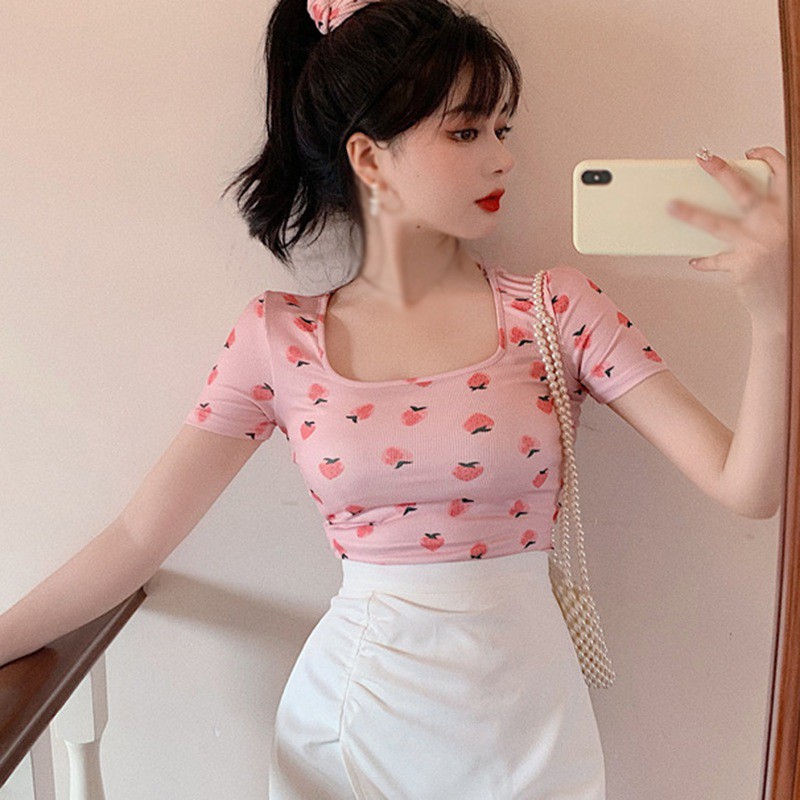 Áo Thun Nữ Ngắn Tay Cổ Vuông Hở Eo Quyến Rũ