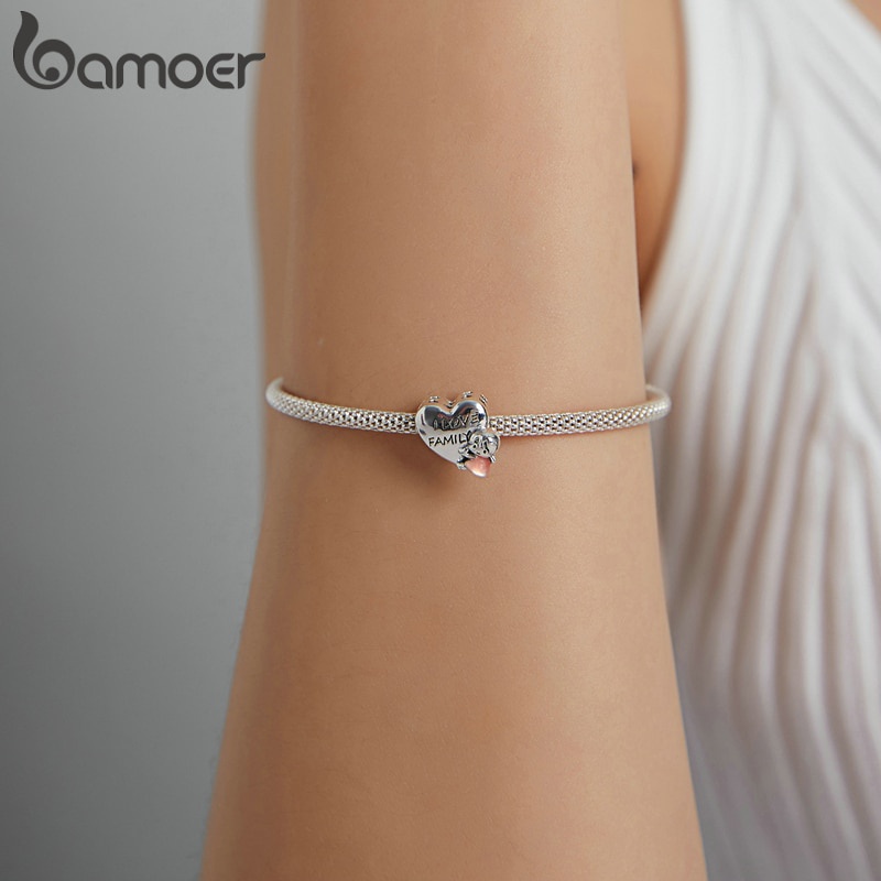 Charm trang sức Bamoer BSC478 hình trái tim khắc chữ I Love Family dùng làm vòng tay dành cho nữ và trẻ em