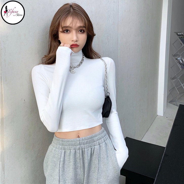 Áo Croptop Cổ Lọ Dài Tay Bigsize Dưới 80Kg Chất Thun Co Dãn 4 Chiều Mùa Trắng Freesize  "CROP CL"