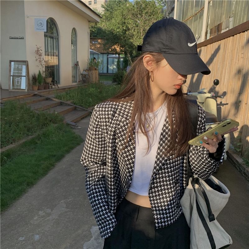 IMAODOU Women's suit jacket Korean version of the houndstooth design niche small fragrance style is thin temperament autumn small suit short style