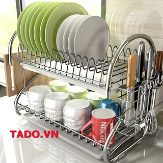 (loại 1)Kệ inox úp bát đĩa cốc chén đũa 2 tầng có khay hứng nước GD769