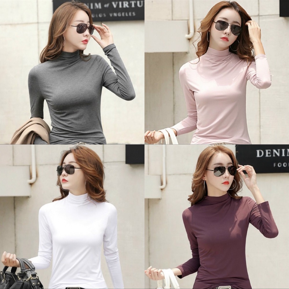 Áo Giữ Nhiệt Nữ Dài Tay Cotton Co Giãn Lót Nỉ Cổ Cao Nhiều Màu Phong Cách Hàn Quốc RENEE Store - A10