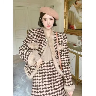 Sét dạ Tweed kẻ nhấn viền lông lót lông siêu mịn (sẵn s,M,L,xl)