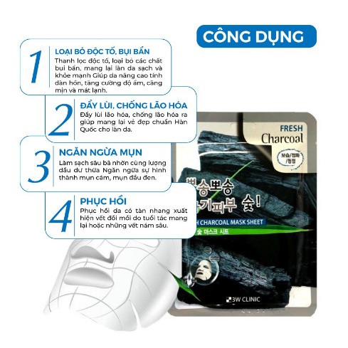 Mặt nạ giấy dưỡng trắng da giảm mụn thải độc chiết xuất than hoạt tính 3W Clinic Hàn Quốc 23ml