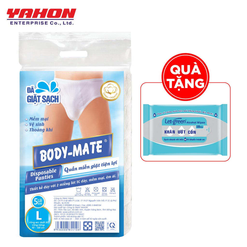 QUẦN LÓT TIỆN LỢI BODY-MATE NAM 5 CÁI/GÓI - Tặng 1 Bao Khăn ướt cồn Let-Green 10 Miếng/Gói