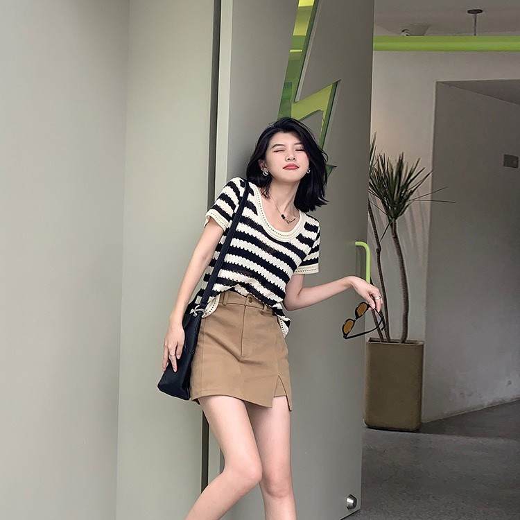 Áo len Dệt Kim tay cộc Dáng Rộng Kẻ Sọc