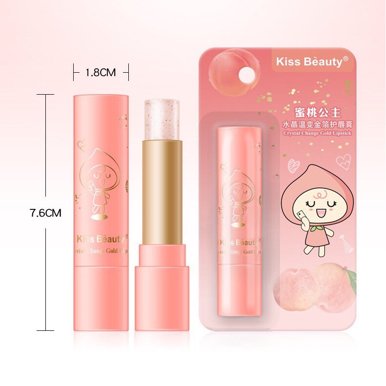 Son dưỡng đào KISS BEAUTY đổi màu trong suốt lá vàng dưỡng môi hồng môi Crystal Change Gold Lipstick KISS05