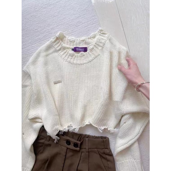 Honypove Áo Sweater Dệt Kim Dáng Ngắn Phối Rách Kiểu Hàn Quốc Thời Trang Mùa Thu 2022 Cho Nữ